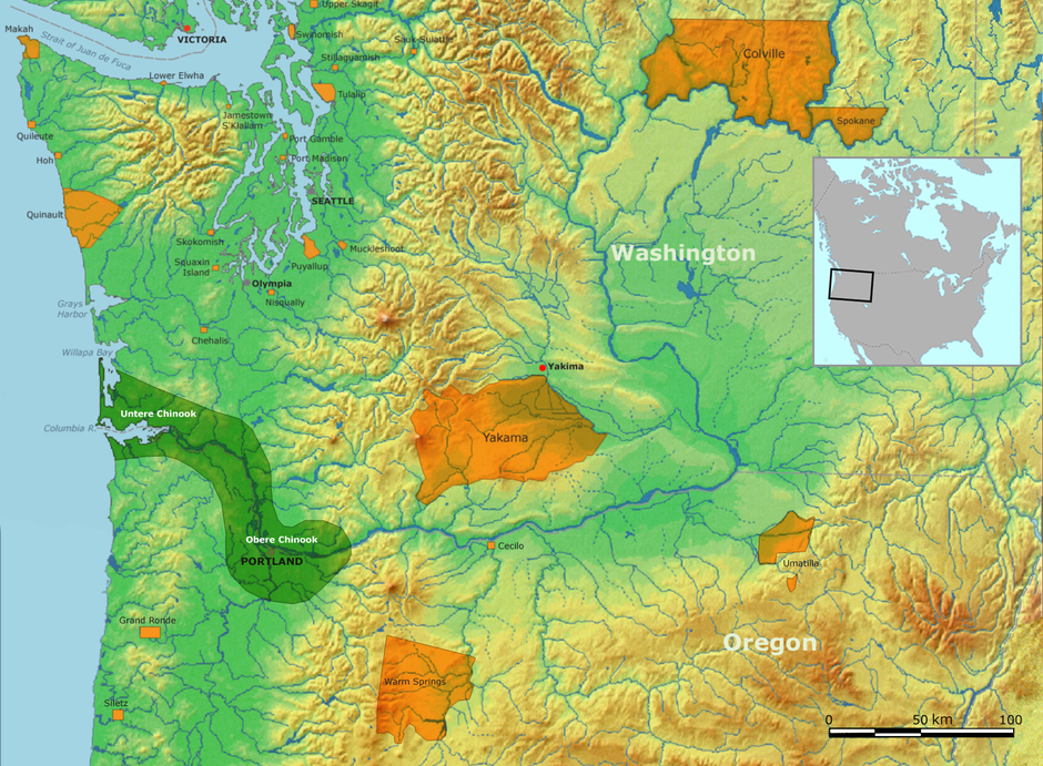 Oorspronkelijk leefgebied van de Chinooks (groen) en huidige indianenreservaten (oranje)