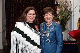 Cindy Kiro (left), the incumbent governor-general, with her immediate predecessor, Patsy Reddy, in May 2021 Cindy Kiro DNZM investiture.jpg