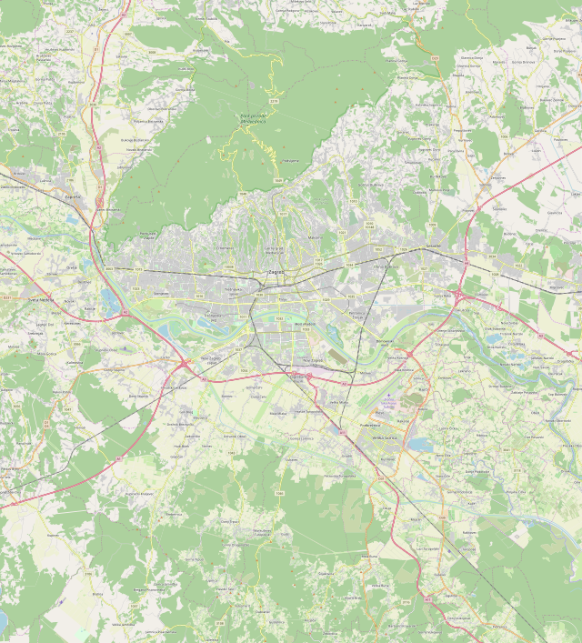 Mapa konturowa Zagrzebia, w centrum znajduje się punkt z opisem „Kościół Świętego Marka”