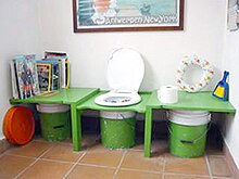 Bucket toilet with spare buckets stored on either side. Compost bins green.jpg