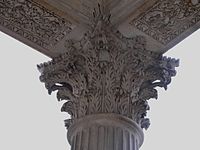 A Corinthian capital of Chiswick Villa, inspired by descriptions of the Temple of Jupiter Stator. Corinthian capital on Chiswick portico 2.jpg