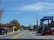 A business district on Main Avenue looking west