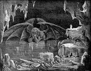 Satan chained in the deepest pits of Hell and gnawing the skull of Judas. Picture by Gustave Dore for Dante's Divine Comedy. DVinfernoLuciferKingOfHell m.jpg