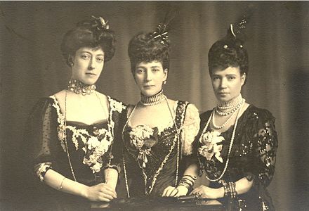 Empress Dowager Maria Feodorovna (right), with her elder sister, Queen Alexandra (centre) and her niece, Princess Victoria (left), London, 1903