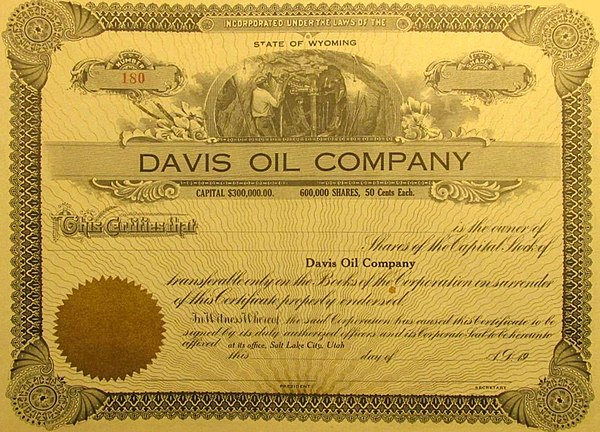 A blank Davis Oil Company's stock certificate