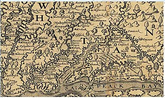 Captain John Smith's map Detail of 1608 Smith Map showing the Patawomeck River.jpg