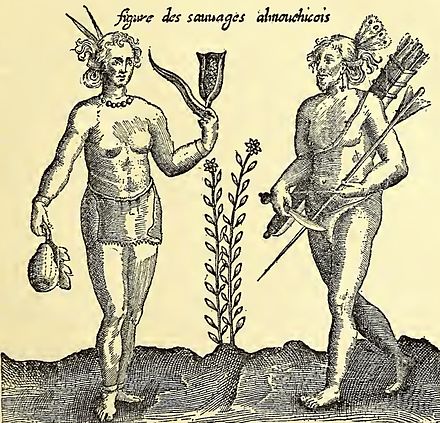 Champlain's drawing of Southern New England Algonquians emphasizing their pacific nature and sedentary and agricultural lifestyle
