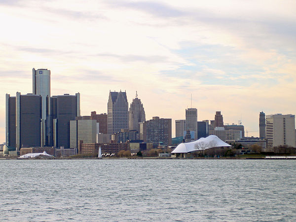 A view of the Detroit International Riverfront from Belle Isle