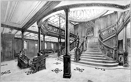 "ENTRANCE HALL AND GRAND STAIRCASE-S.S. "OLYMPIC" AND "TITANIC", as described in the black and white brochure. The same rendering is used to promote the two sister ships, an indication that both staircases had to be virtually identical. Drawing of the Grand Staircase onboard the RMS Titanic from the 1912 promotional booklet.jpg