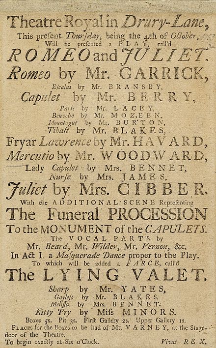 The playbill from a 1753 production at the Theatre Royal in Drury Lane starring David Garrick
