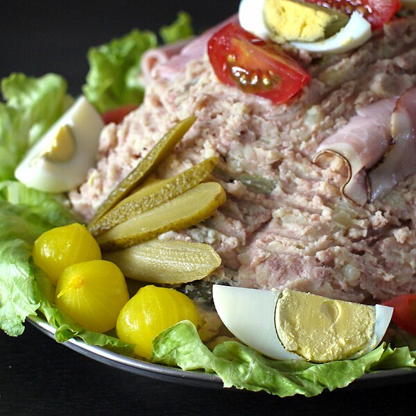 Huzarensalade (Dutch potato salad).  From The Cuisine of the Southern Netherlands: A Tour