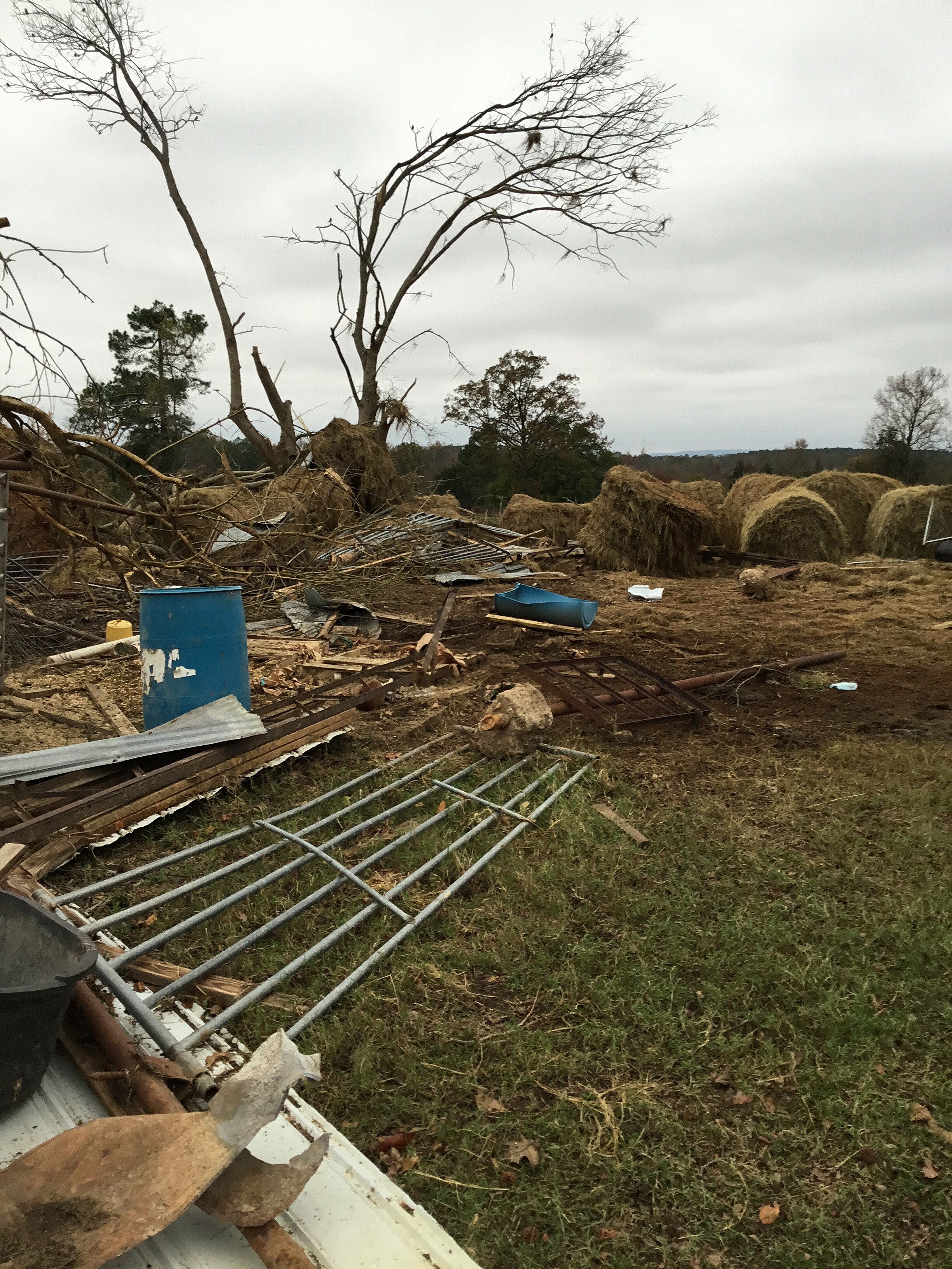 An outbuilding that was destroyed at low-end EF2 intensity near Kirby, Arkansas.
