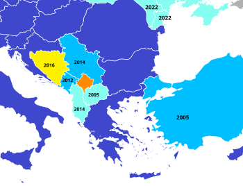 .mw-parser-output .legend{page-break-inside:avoid;break-inside:avoid-column}.mw-parser-output .legend-color{display:inline-block;min-width:1.25em;height:1.25em;line-height:1.25;margin:1px 0;text-align:center;border:1px solid black;background-color:transparent;color:black}.mw-parser-output .legend-text{}
Member states
Candidates: Albania, Moldova, Montenegro, North Macedonia, Serbia, Turkey and Ukraine
Potential candidates that submitted a membership application: Bosnia and Herzegovina and Georgia
Potential candidates that have not submitted a membership application: Kosovo (status disputed) EU Balkan enlargement.svg