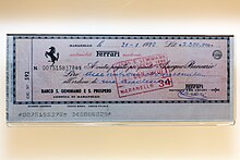 A cheque signed by Enzo Ferrari in the collection of the Museo Ferrari, showing CMC-7 markings Enzo Ferrari signed cheque 1970-01-21 Museo Ferrari.jpg