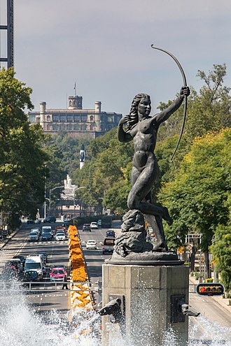 Fuente de la Diana Cazadora (1938-1942) in bronze at Paseo de la Reforma, Mexico City. Escultura de "la Diana Cazadora".jpg