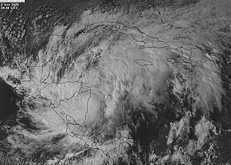 A Hurricane (Eta, November 2020), coast of Nicaragua, making first landfall, night in Caribbean Sea