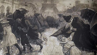 Visiteurs à l'exposition universelle de 1900 sous une pluie torrentielle