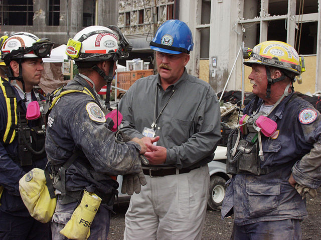 FEMA Director Joe Allbaugh meets with Florida US&R Task Force 2 at the World Trade Center on September 24, 2001.