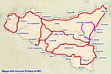 The rail network in operation in Sicily at the beginning of the 21st century. In red the RFI lines, in purple the FCE line. Ferrovie sicilia 2007.JPG