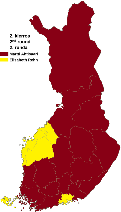 Second round results by province
Martti Ahtisaari
Elisabeth Rehn Finnish presidential election results (second round) by province, 1994.svg