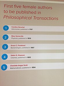In 1787, Caroline Herschel became the first woman published in the journal and the only one in the 18th century. Poster at Publishing 350 Exhibit, 2015. First-5-women.JPG