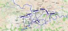 The fifth crossing of the Sambre, and the initial positions taken up by the French army, just prior to the 3rd siege of Charleroi. FleurusCrossing.png