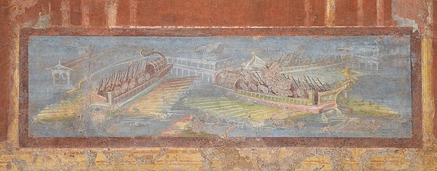 Fourth Style wall painting with naumachia (triremes), a detail from a panel from the portico of the Temple of Isis in Pompeii, Naples National Archaeo