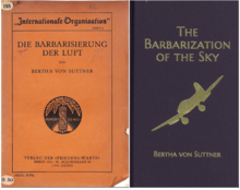 The front covers of Suttner's 1912 essay Die Barbarisierung der Luft and its English Translation, published in 2016 by The Bertha von Suttner Project.