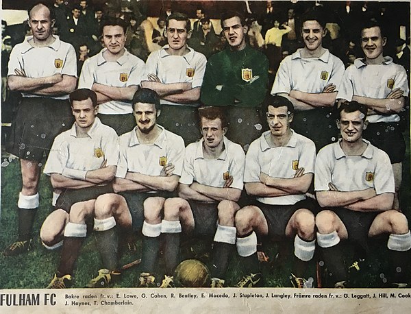 Fulham FC in 1958 with Johnny Haynes, player number four from left in the front line.
