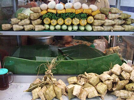 Gado-gado stall displaying the ingredients of the dish, including ketupat