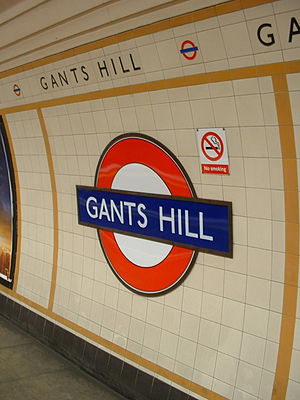 Roundel on Gants Hill tube station eastbound p...