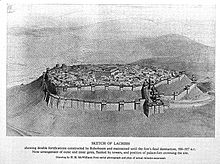 Reconstruction of the 9th-century BC defensive walls around ancient Tel Lachish in modern Israel. General view of Lachish,Tell ed Duweir, looking east Wellcome L0005979.jpg