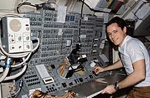 Gibson at the Apollo Telescope Mount console in the Skylab Multiple Docking Adapter Gibson przy ATM.jpg