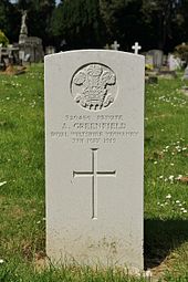 CWGC headstone in Rose Hill Cemetery, Cowley, Oxfordshire of an RWY private who died in 1919 six months after the Armistice GreenfieldA RoseHillcemetery.jpg