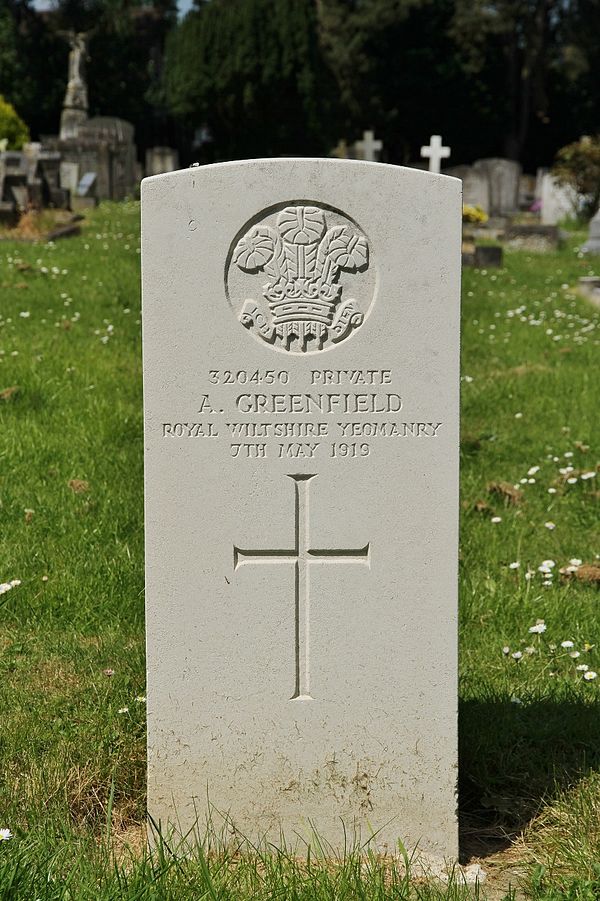 CWGC headstone in Rose Hill Cemetery, Cowley, Oxfordshire of an RWY private who died in 1919 six months after the Armistice