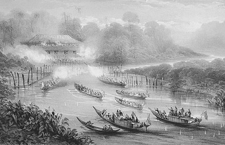 Boats of the HMS Iris and HEICS Phlegethon and natives from Kimanis, Papar and Kallas attack Haji Saman's house and battery - 16 August 1846
