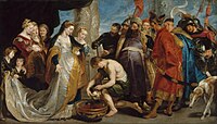 Peter Paul Rubensin çizdiği "Tehmire (Tomris) Efsanesi" eserinde Tehmire'nin (Tomris'in) Fars hükümdarı Kiros'un başını kan dolu kaba düşürmesi.