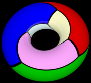 The Heawood graph and associated map embedded in the torus.