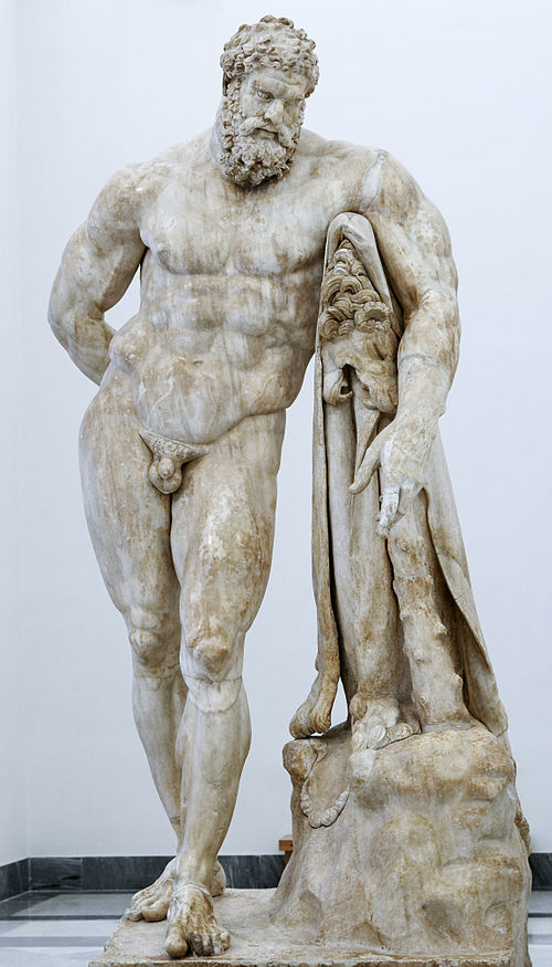 One of the most famous depictions of Heracles, Farnese Hercules, Roman marble statue on the basis of an original by Lysippos, 216 CE. National Archaeo