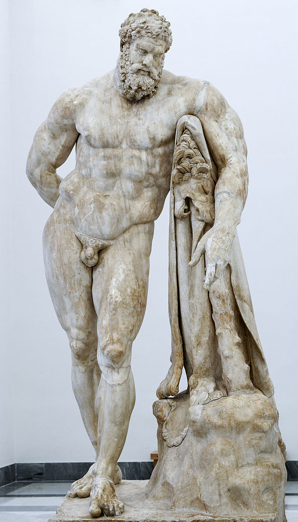 One of the most famous depictions of Heracles, Farnese Hercules, Roman marble statue on the basis of an original by Lysippos, 216 CE. National Archaeo