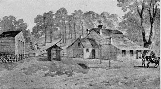 Howard's Tavern as it appeared in 1776; it was demolished in 1880. The tavern was located near the present-day intersection of Fulton Street and Jamaica Avenue.