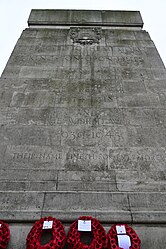 Text along the Kingston upon Hull Cenotaph, commemorating soldiers from Hull who fought in both the First and Second World War on Remembrance Sunday 2023.