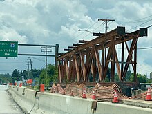 Stabilizing frame installed as a temporary repair of a bridge strike I-83 Queen Street Bridge Temporary Repair.jpg