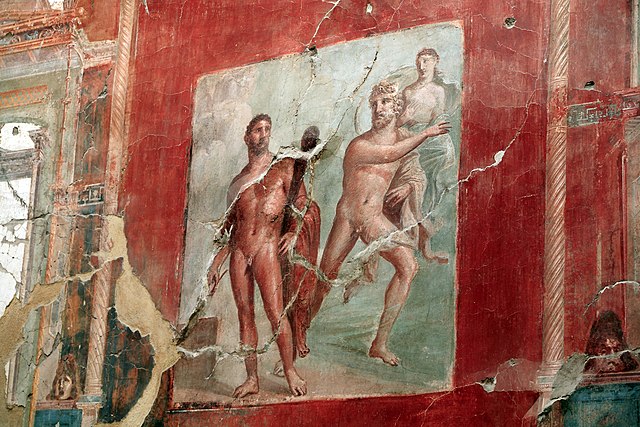 A fresco from Herculaneum depicting Heracles and Achelous from Greco-Roman mythology, 1st century CE.