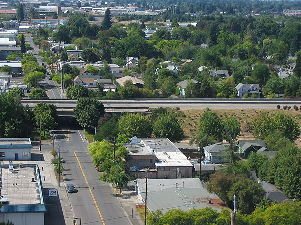 This ramp stub, as seen from the west side of Skinner Butte, was supposed to provide access to the canceled Roosevelt Freeway from Interstate 105.