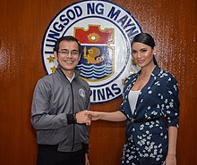 Moreno with Miss Universe Philippines 2019 Gazini Ganados at Manila City Hall in 2019 Isko Moreno and Gazini Ganados on September 3, 2019.jpg