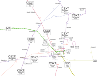 Scale map of current and former railroads in Jacksonville Jacksonville railroads.png