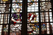 English: Detail of the stained-glass window number 3 in the Sint Janskerk at Gouda, Netherlands: "The maiden of Dordrecht"