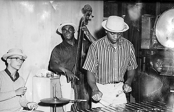 The Jazz Monitors 1957 – from left, Roger Dawson, drums, Herbie Lewis, bass, Bobby Hutcherson, vibraphone, Nat Brown, piano