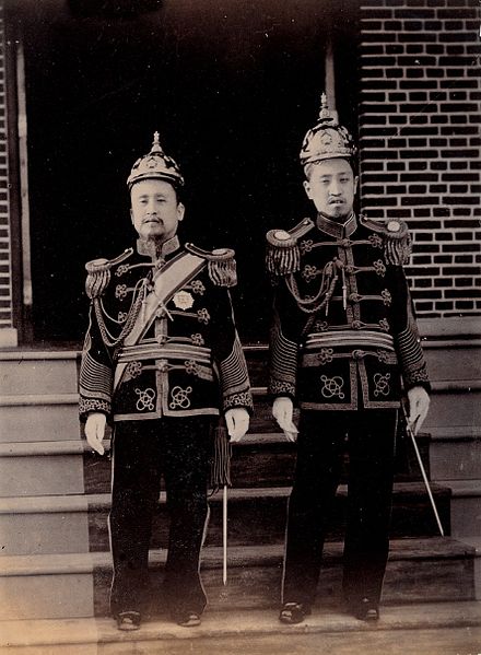Gojong and the Crown Prince Sunjong with their Pickelhaube
